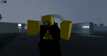 a yellow cartoon character with a smiley face and a warning sign on his shirt