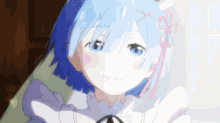 a girl with blue hair and a bow on her head