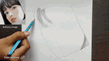 a drawing of a woman 's face is being drawn on a piece of paper