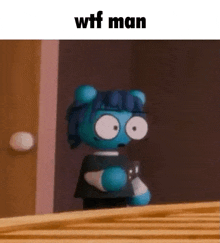 a blue teddy bear is standing in front of a door and holding a cup .