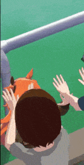 a cartoon of a person reaching out towards a horse