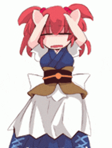 a drawing of a girl with red hair covering her eyes
