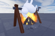 a cartoon rabbit is laying on its back in front of a campfire