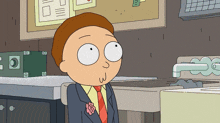 a cartoon character wearing a suit and tie with a flower pin