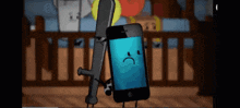 a cartoon phone with a sad face is holding a bat