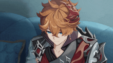 a cartoon character with red hair and blue eyes is sitting on a blue couch