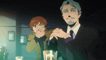 a man in a suit and tie stands next to a boy who is covering his mouth with his hand