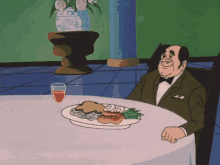 a cartoon of a man sitting at a table with a plate of food and a glass of wine