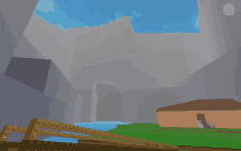 a screenshot of a video game shows a house and a cliff