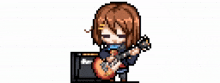 a pixel art of a girl playing a guitar in front of an amplifier