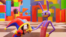a jester and a purple rabbit are holding hands