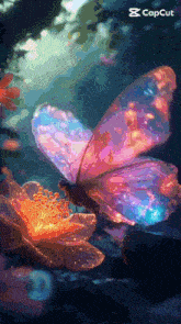 a colorful butterfly is sitting on a flower in a dark forest