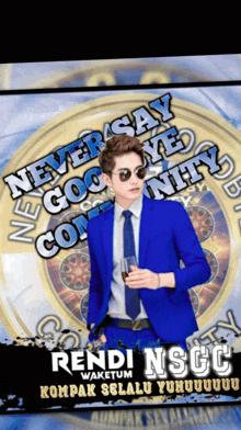 a man in a blue suit and tie is holding a glass