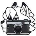 a cartoon wolf is holding a camera in front of its face .