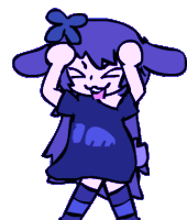 a drawing of a girl with purple hair and a shirt that says i am on it