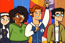 a group of cartoon characters with one wearing a letter l on his shirt