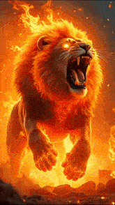 a lion is surrounded by flames and is roaring .