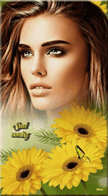 a woman 's face is surrounded by yellow daisies and the words good morning