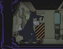 a cartoon drawing of a wolf with the number 7 on the wall behind it