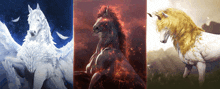 a white horse with wings a black horse with flames coming out of its mane and a white horse with a golden mane