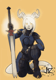 a drawing of a woman with horns holding a sword with the letters wz on the bottom