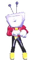 a pixel art drawing of a cartoon character with a tv head