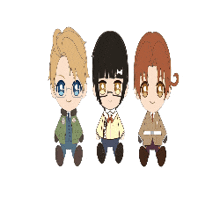 three cartoon characters are sitting next to each other and one has a m on his head