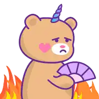 a brown teddy bear with a unicorn horn holding a fan