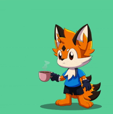 a fox holding a cup of coffee on a green background
