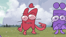 a red cartoon character with a heart on its head stands next to a purple cartoon character