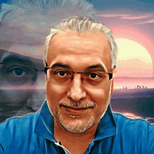 a painting of a man with glasses and a beard with a sunset in the background