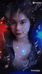 a woman 's face is surrounded by music notes and the word love