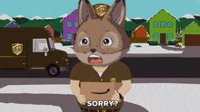 a cartoon of a fox wearing an ups uniform holding a cardboard box