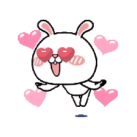 a cartoon rabbit with heart shaped glasses and hearts around its eyes .