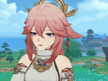 a girl with pink hair is wearing a white top and a necklace