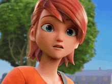 a cartoon girl with red hair and blue eyes looks surprised