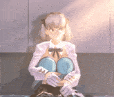 a cartoon girl with a blue top and white gloves has the letter o on her sleeve