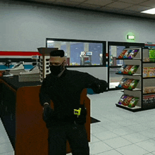 a man wearing a mask is standing in a store with shelves full of food