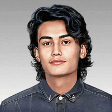 a young man with long black hair is wearing a blue shirt with a white button down collar