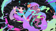a colorful drawing of two girls with the name catlin koi on the bottom right