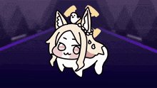 a cartoon drawing of a fox with a bird on her head