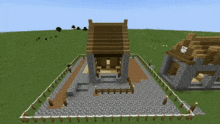 a screenshot of a minecraft game shows a house and a stone building