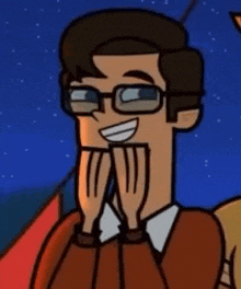 a cartoon man wearing glasses and a red sweater is smiling and covering his mouth with his hands .