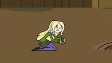 a cartoon of a girl kneeling down next to a tree