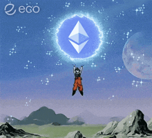 a cartoon character is holding up a sphere with a triangle in the middle and the word eco on the bottom