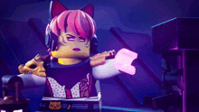 a lego figure with a cat ear and a skull on her shoulder