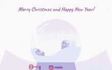 a merry christmas and happy new year greeting card with a snow globe