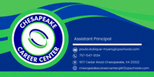 a blue and green business card for chesapeake career center