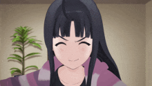 a girl with long black hair is wearing a purple striped blanket