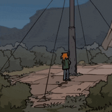 a cartoon of a man standing next to a pole